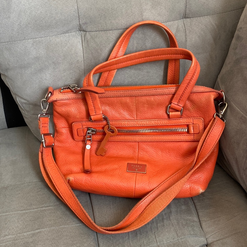 VTG fossil orange leather satchel shoulder bag crossbody bag
